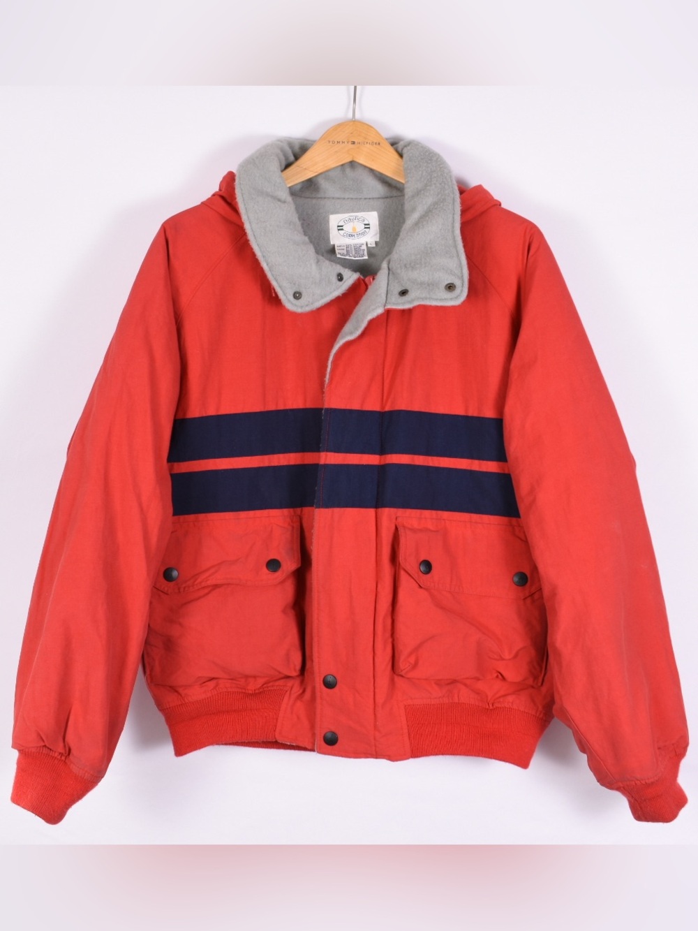 Nautica Red Puffer Jacket with Navy Stripes